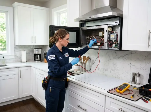 Appliance Repair Hero technician testing an over-the-range microwave in a Belton, MO kitchen